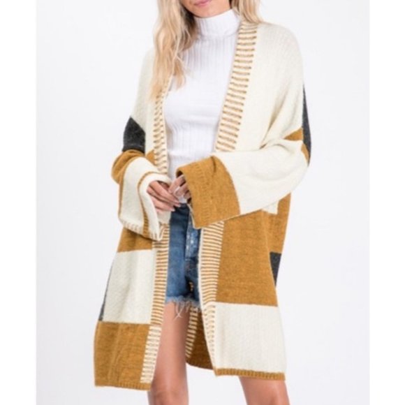Boho Mustard Color block NEW Open Front Cardigan - Picture 3 of 8